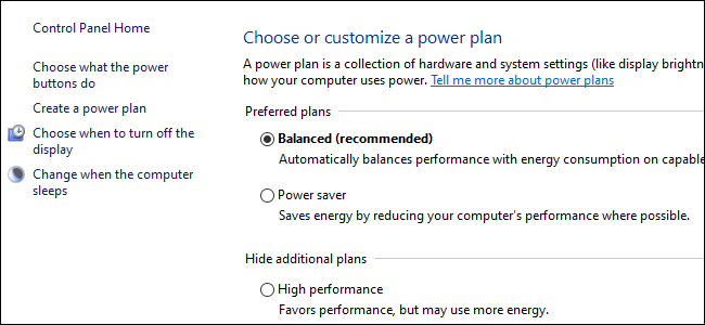 Three radio buttons displaying power plan options in the Windows 10 Control Panel