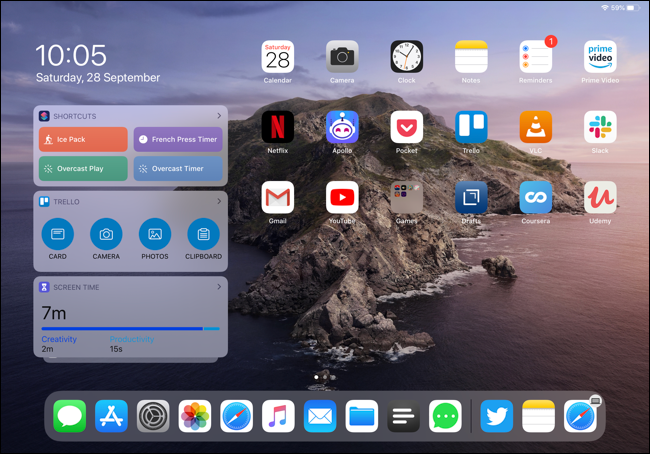Widgets on an iPad Pro Home screen in landscape view.