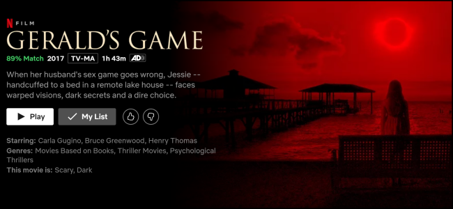 The "Gerald's Game" watch screen on Netflix.