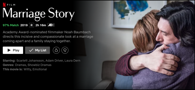 The "Marriage Story" page on Netflix. 