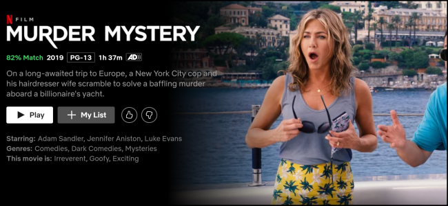 The "Murder Mystery" watch page on Netflix.