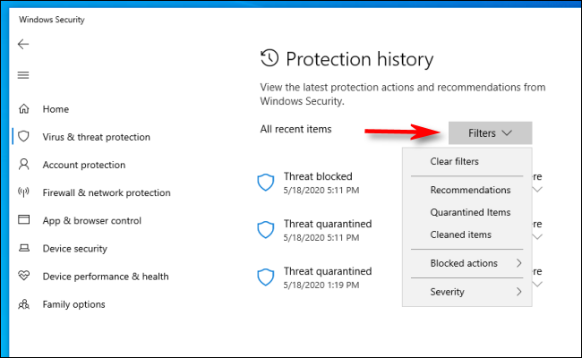 Click filters in Protection history on Windows 10