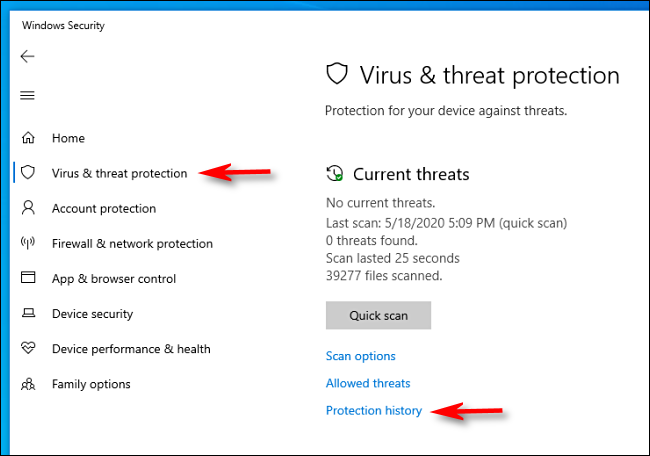 Click Protection history in Windows Security on Windows 10