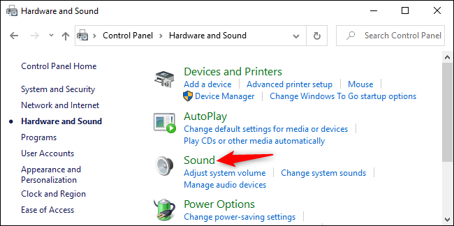 Opening Sound options in Windows 10's Control Panel