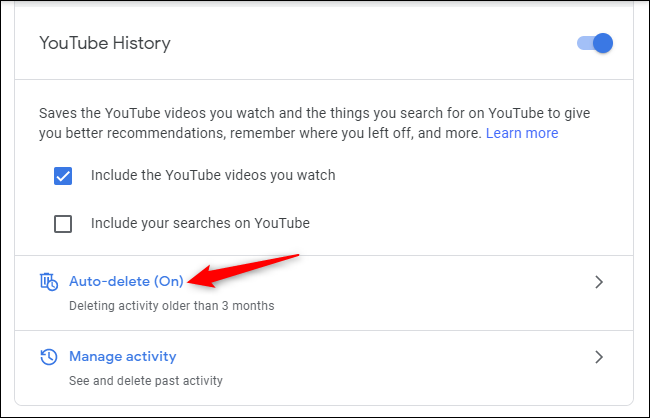 Auto-delete controls for YouTube History in a Google account.