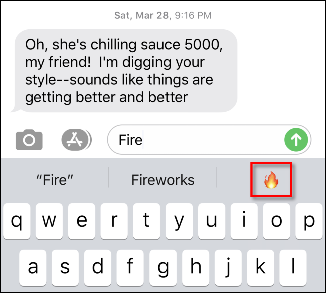 Tap on the emoji in the predictive text area to insert it in Apple Messages