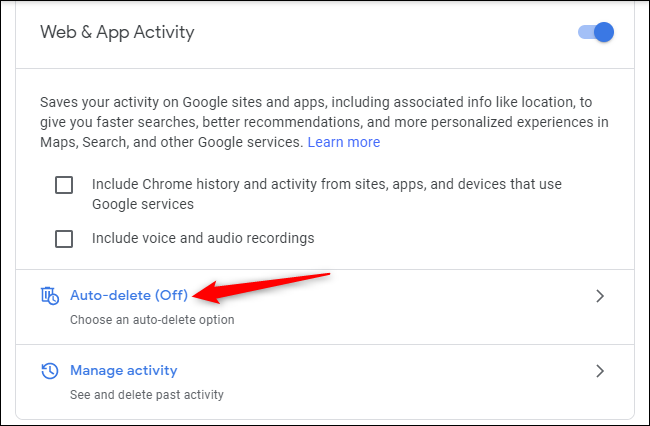 Enabling "Auto-delete" for Web & App Activity on a Google account.