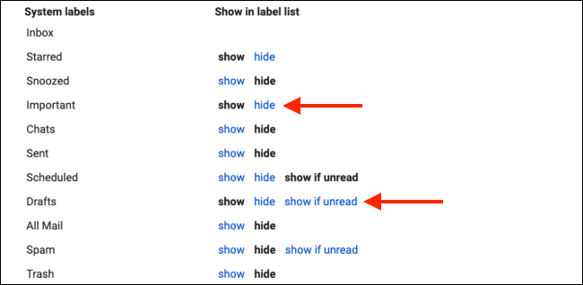 Hide system labels to clean up Gmail sidebar