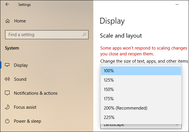 "Scale and Layout" settings on Windows 10.