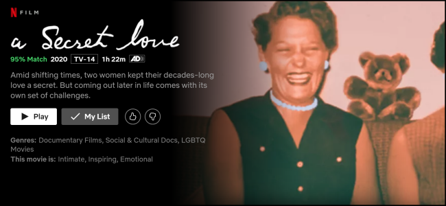 The "A Secret Love" watch page on Netflix.