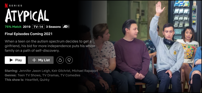 The "Atypical" watch page on Netflix.