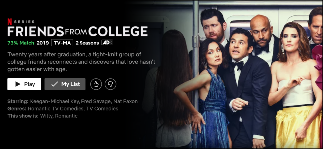 The "Friends From College" watch page on Netflix.
