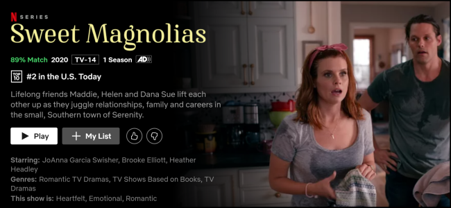 The "Sweet Magnolias" watch page on Netflix.