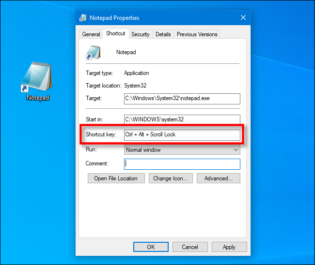 The "Shortcut Key" box under the "Shortcut" tab on Windows 10.