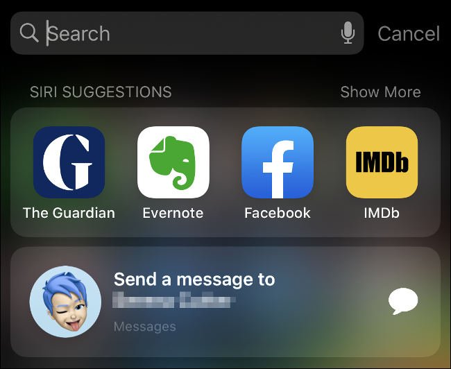 The Search bar showing "Siri Suggestions" on iOS 13.