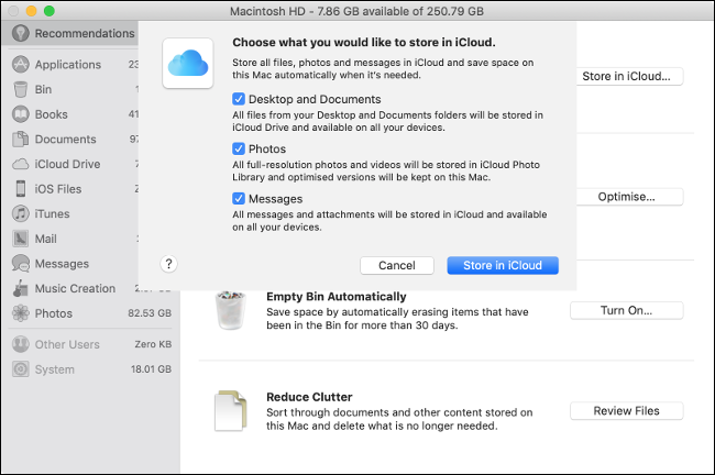 The "Choose What You Would Like to Store in iCloud" menu on macOS.