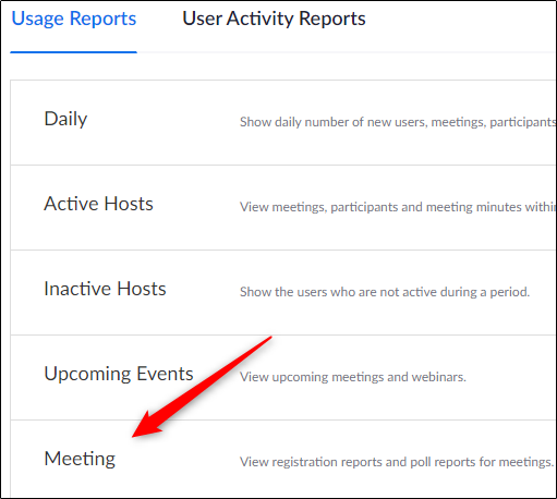 Meetings button of Usage Report tab