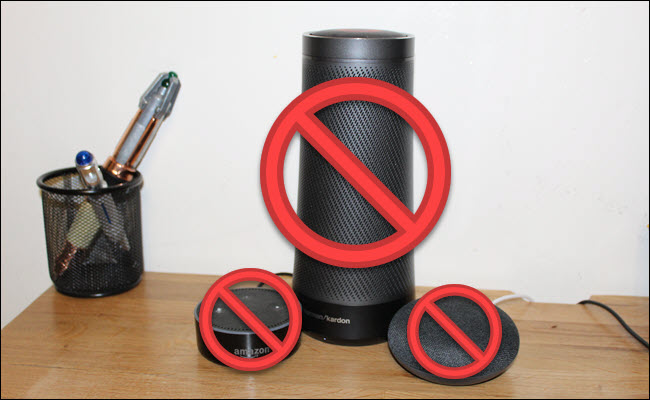 An Echo, Cortana Speaker, and Google Home with "no" symbols in front of them.