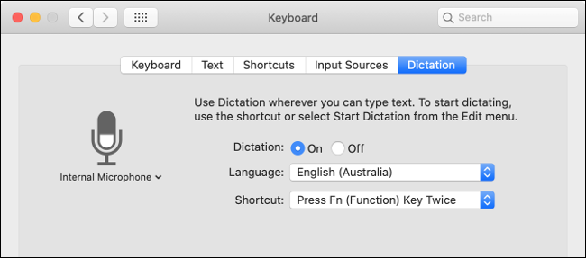 The "Dictation" settings in the "Keyboard" menu. 