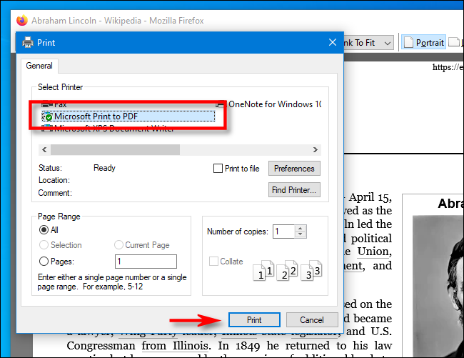 Select Microsoft Print to PDF in Firefox on PC