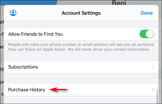 Tap "Purchase History" in "Account Settings."