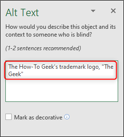 Alt text description of object in excel