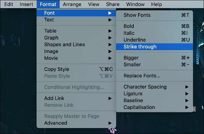 The "Strike Through" option selected under the Format > Font menu.