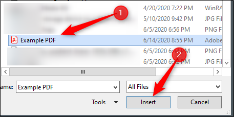 Select and insert pdf file