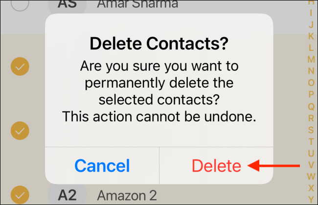 Tap Delete to Delete Contacts