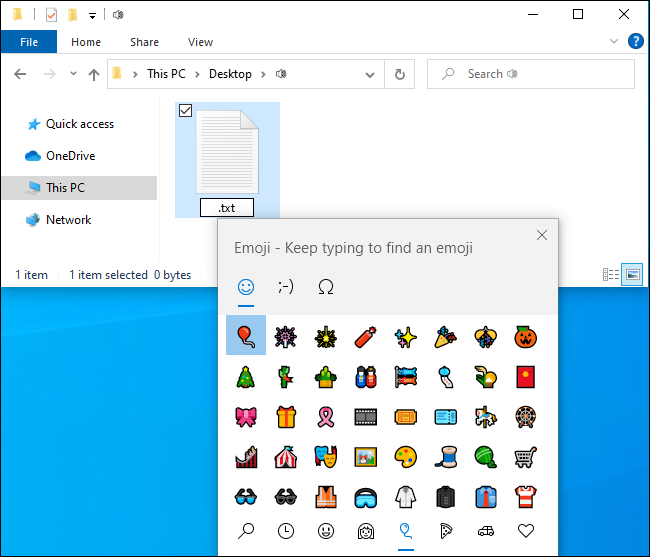 Adding an emoji to a file name in Windows 10 using File Explorer.