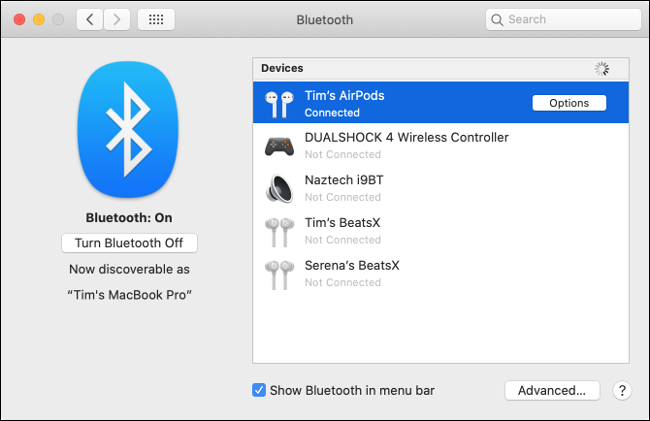 The "Devices" list in the "Bluetooth" menu.