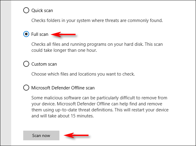 Click Full Scan in Microsoft Defender on Windows 10