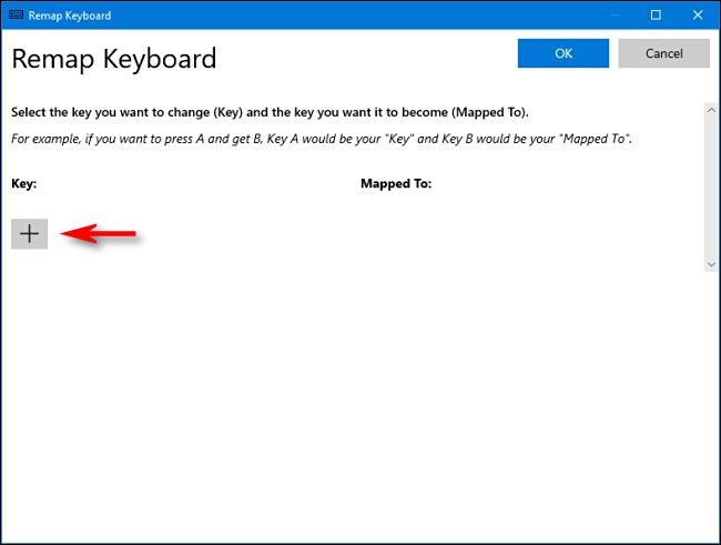 Click the plus sign (+) in the "Remap Keyboard" menu to add a shortcut.