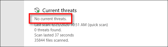 No current threats in Microsoft Defender on Windows 10