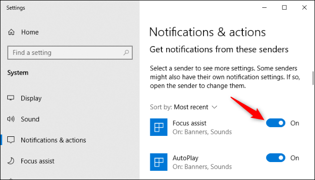 Disabling notifications for an app in Windows 10's Settings.