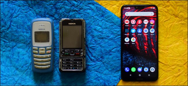 Old Nokia feature phones and a Nokia Android smartphone.