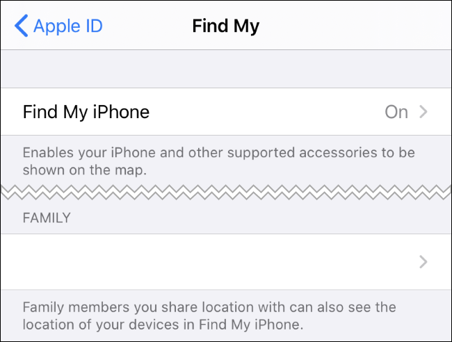 Find My iPhone options in the iPhone's Settings app.