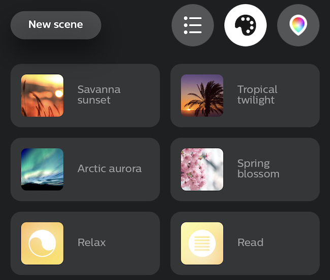 The scene selection menu in the Philips Hue app.