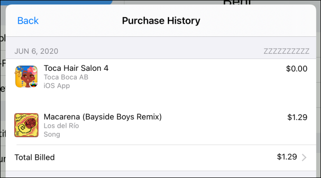 A "Purchase History" on an iPad.