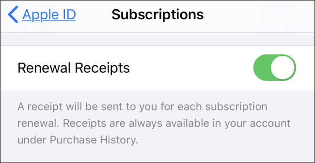 The "Renewal Receipts" setting in "Subscriptions" on an iPhone.