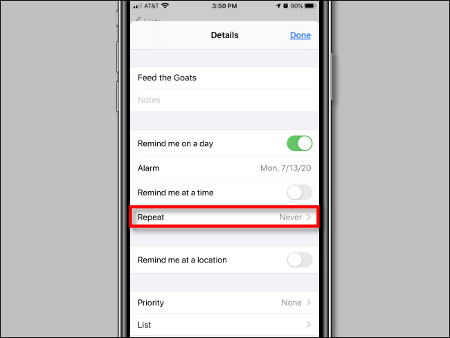 Tap Repeat in reminder options in Reminders app on iPhone