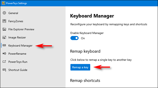 Click "Keyboard Manager" in the sidebar, and then click "Remap a key."