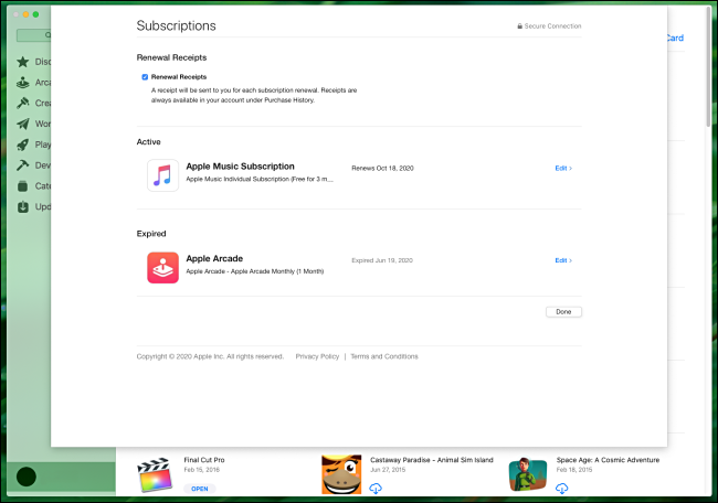 The "Subscriptions" menu in the Mac App Store.