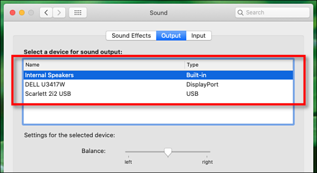 Select an audio output device in Sound preferences on Mac