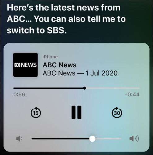 Siri playing an ABC News audio broadcast on iOS.