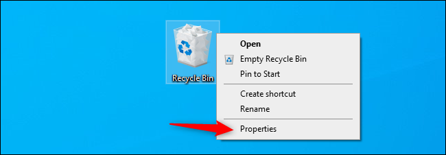 Opening the Recycle Bin properties window.