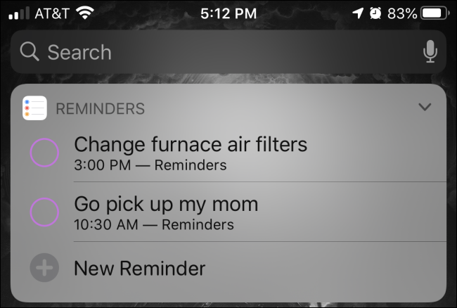 A "Reminders" widget in Today view on an iPhone.