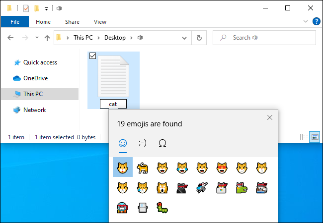 Searching for cat emoji on Windows 10.