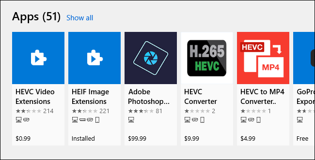 Search results for HEVC on Windows 10.