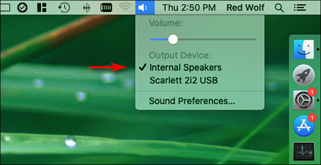 Selecting a sound Output Device from the speaker icon in the menu bar on Mac
